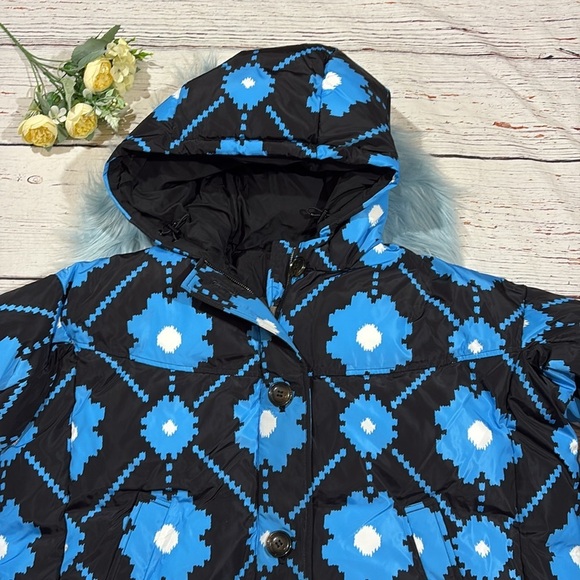 NWT Maje Mod Flower Print Sporty Winter Puffer Oversized Jacket Black Blue sz 0 - Picture 6 of 13